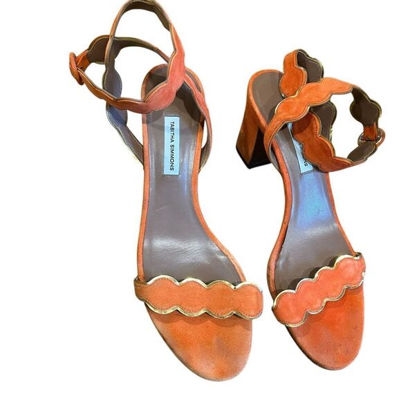Revolve Tabitha Simmons Orange Suede Leather Scalloped Sandals Block Heels - Picture 7 of 11